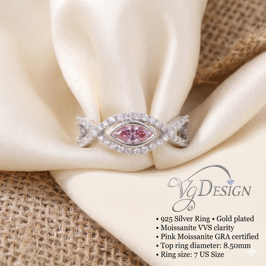 Pink Marquise Moissanite Halo Ring – White Gold Tone