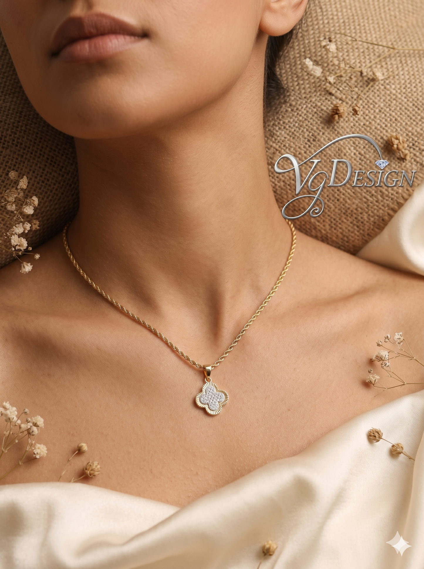 Clover Halo Moissanite Pendant Necklace – Gold Tone