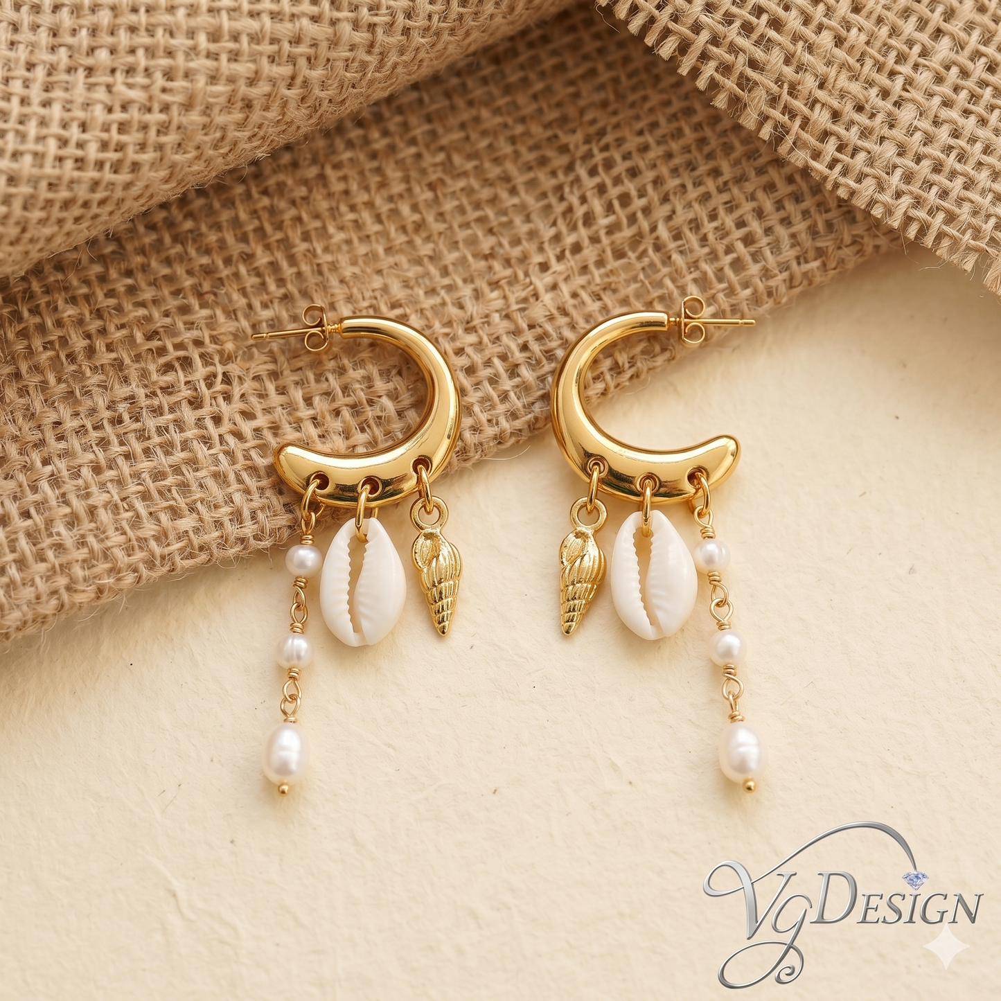 Golden Coastal Shell & Pearl Hoop Earrings – Luxury Beach Glam Collection