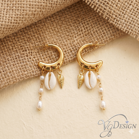 Golden Coastal Shell & Pearl Hoop Earrings – Luxury Beach Glam Collection