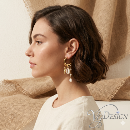 Golden Coastal Shell & Pearl Hoop Earrings – Luxury Beach Glam Collection