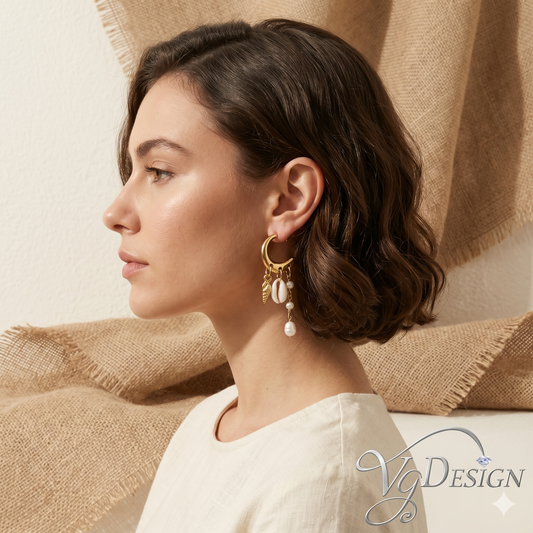 Golden Coastal Shell & Pearl Hoop Earrings – Luxury Beach Glam Collection