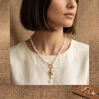 Coastal White Bead Starfish Pendant Necklace