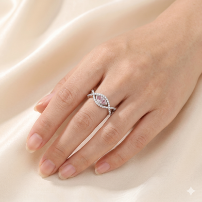 Pink Marquise Moissanite Halo Ring – White Gold Tone