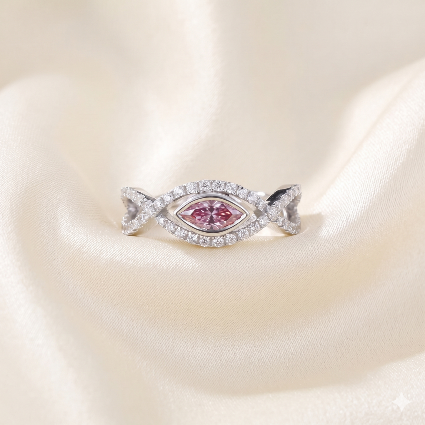 Pink Marquise Moissanite Halo Ring – White Gold Tone