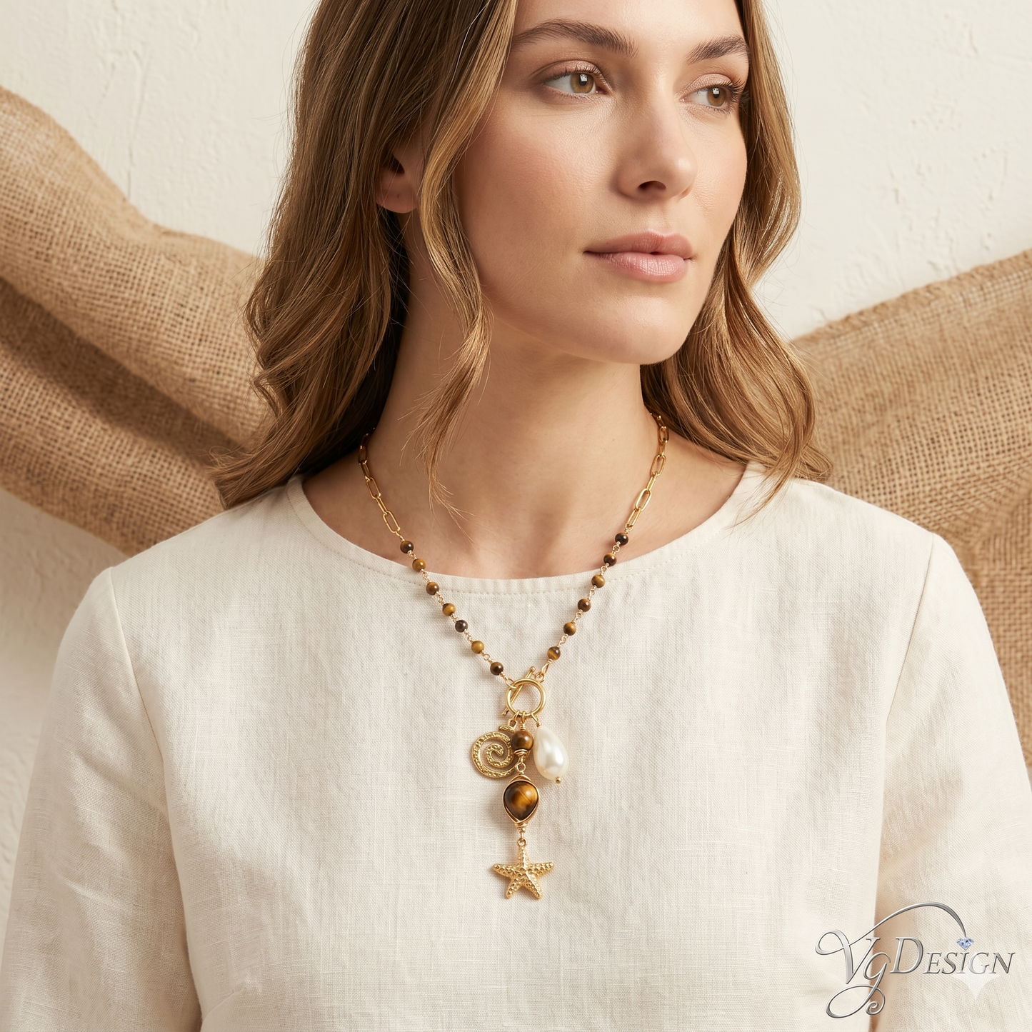 Coastal Tiger Eye Pearl Starfish Necklace