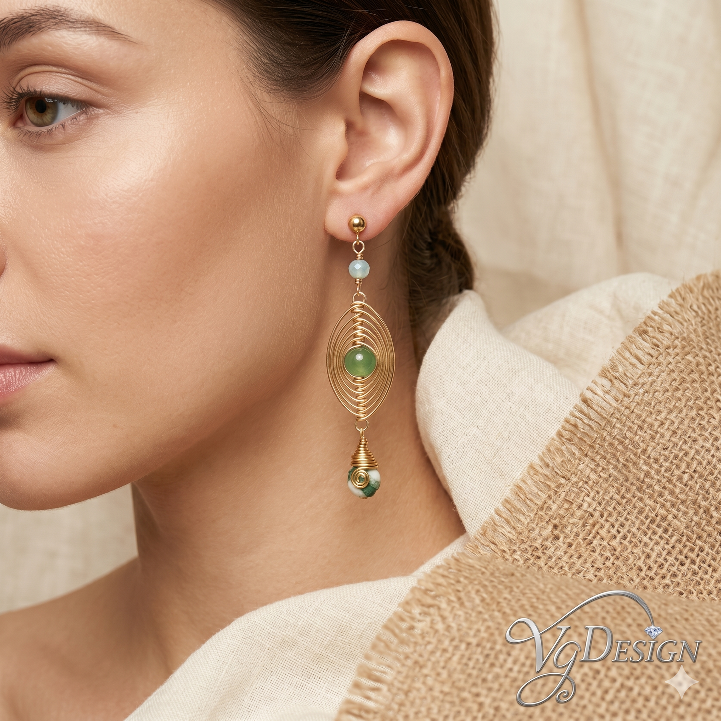 Green Stone & Pearl Drop Earrings