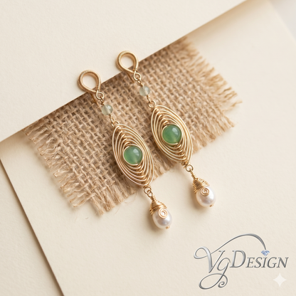 Green Stone & Pearl Drop Earrings