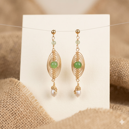 Green Stone & Pearl Drop Earrings