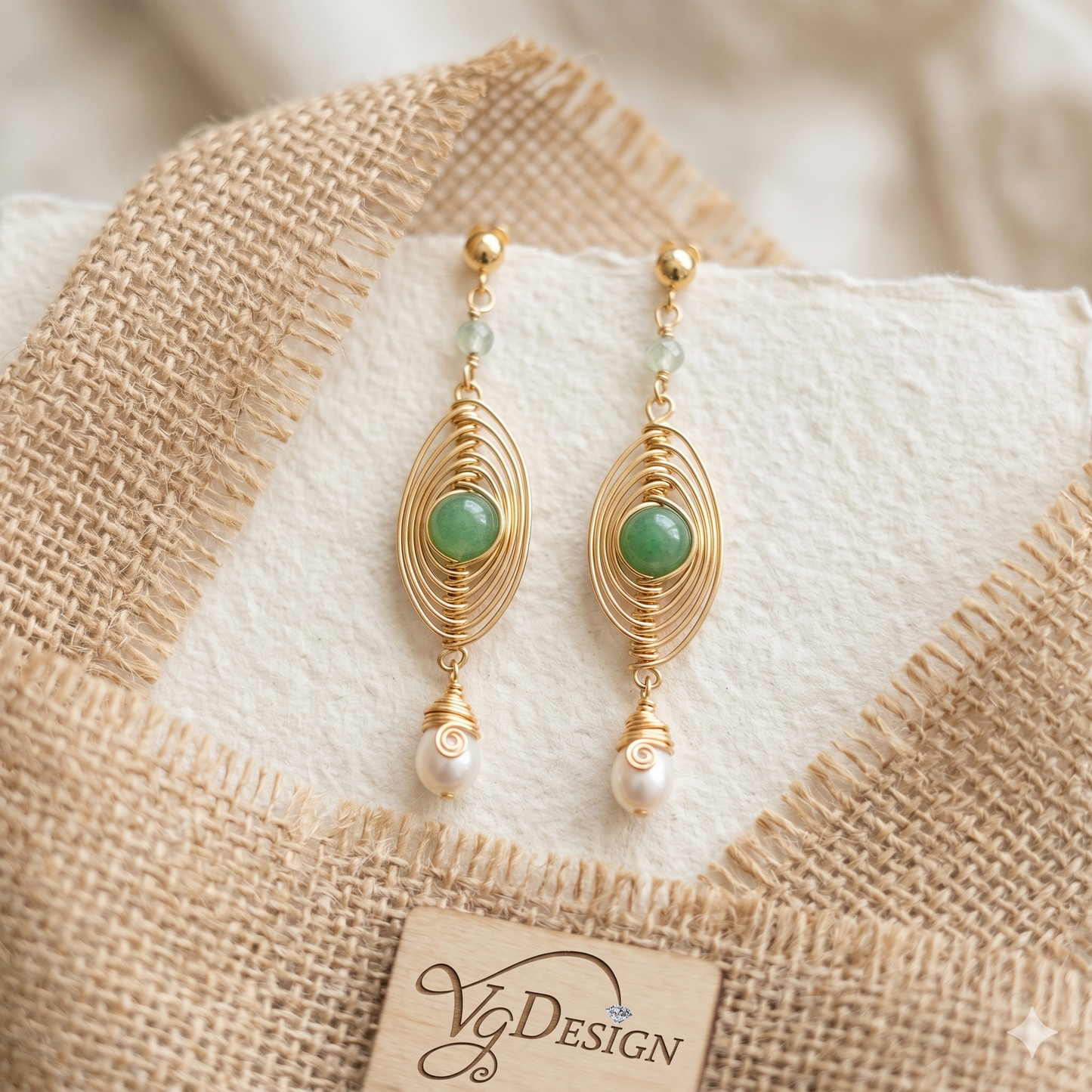 Green Stone & Pearl Drop Earrings