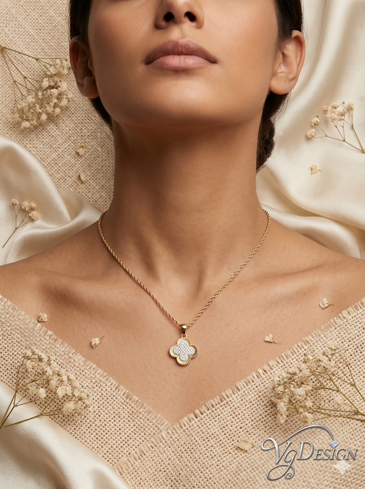 Clover Halo Moissanite Pendant Necklace – Gold Tone