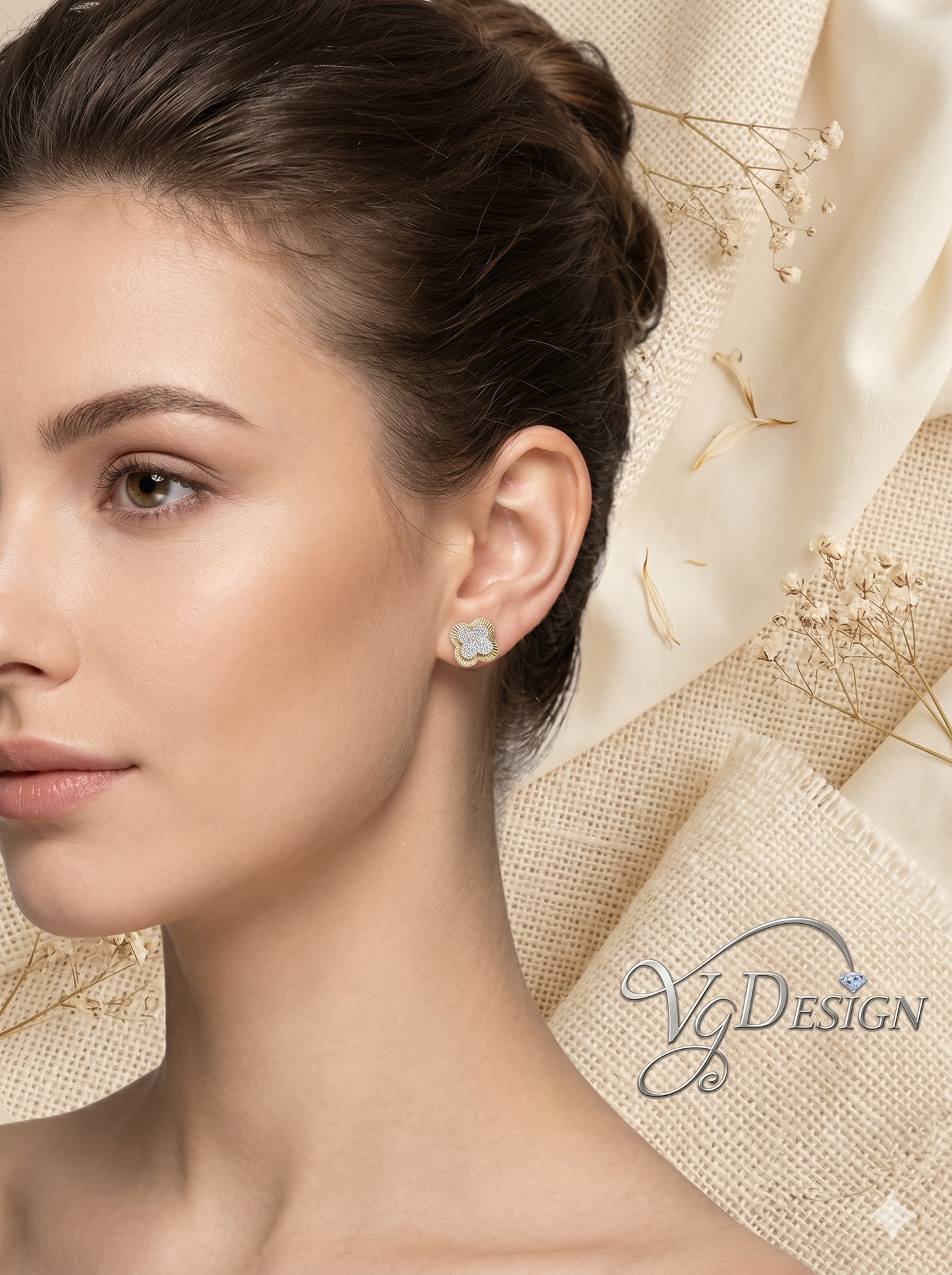 Clover Halo Moissanite Stud Earrings – Gold Tone