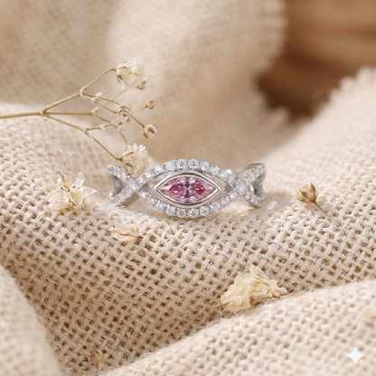 Pink Marquise Moissanite Halo Ring – White Gold Tone