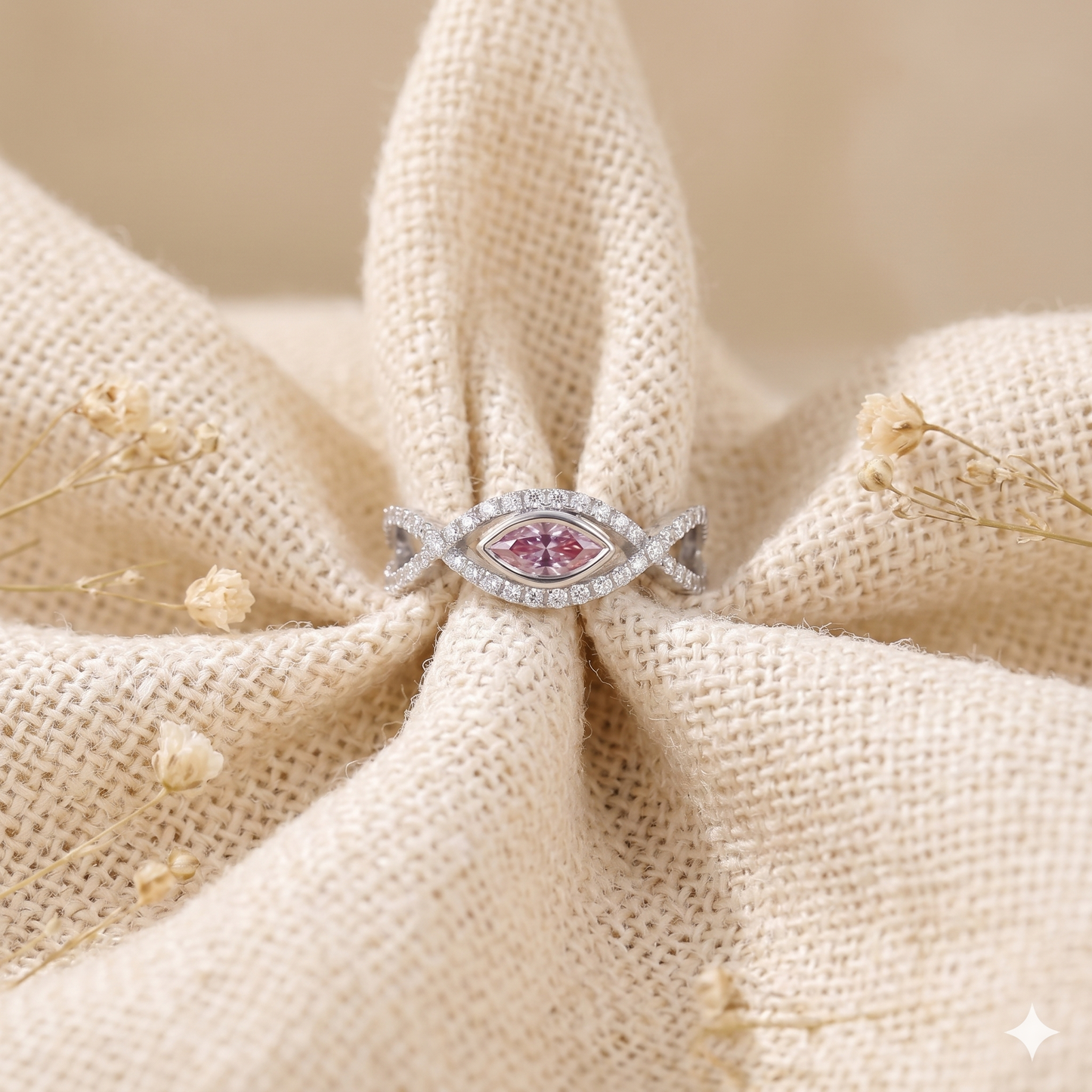Pink Marquise Moissanite Halo Ring – White Gold Tone