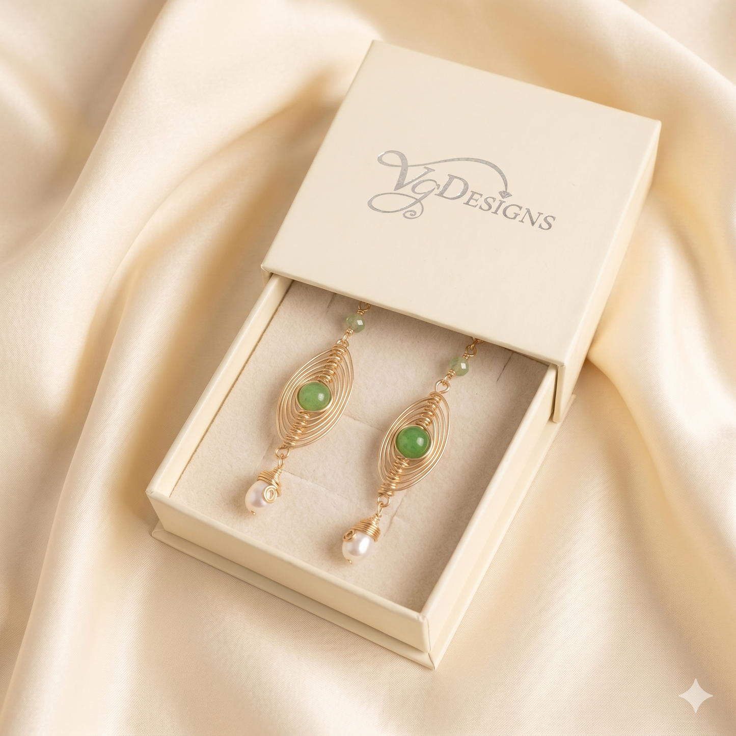 Green Stone & Pearl Drop Earrings