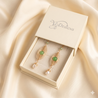 Green Stone & Pearl Drop Earrings