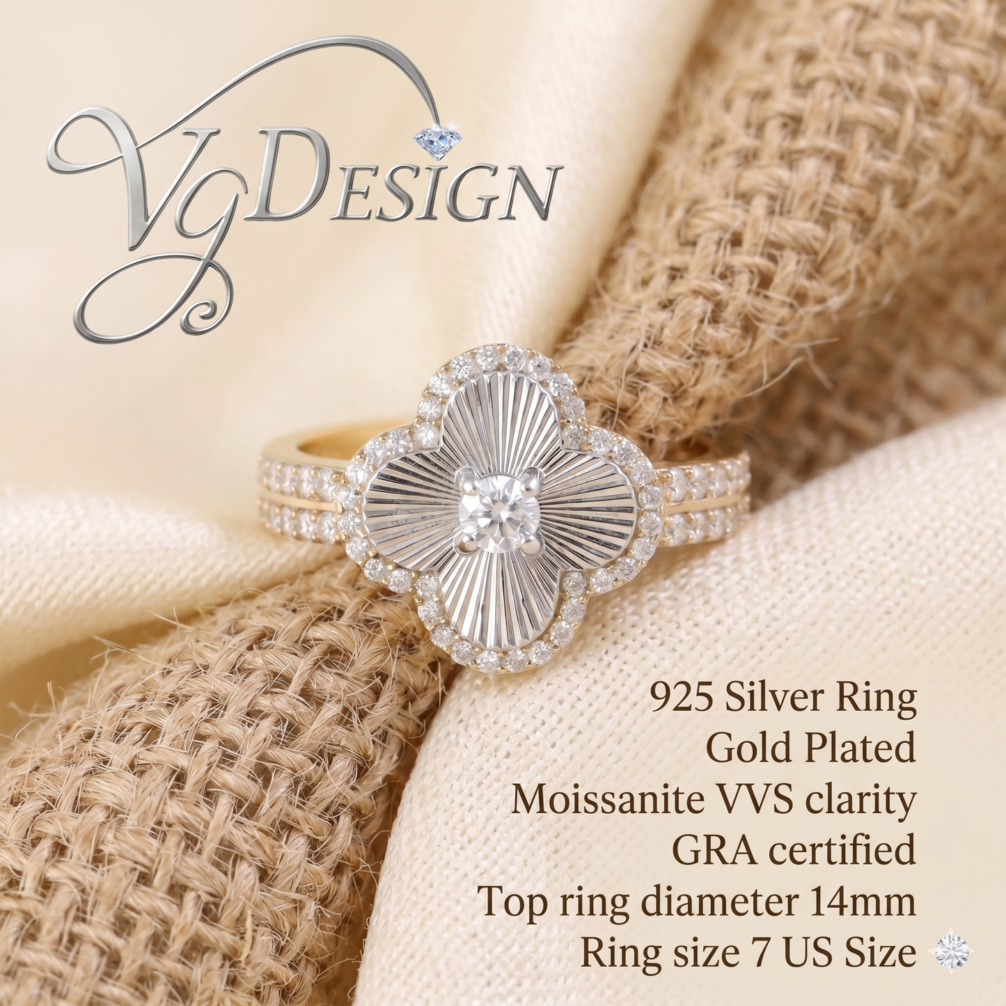 Radiant Clover Halo Moissanite Ring – Gold Tone