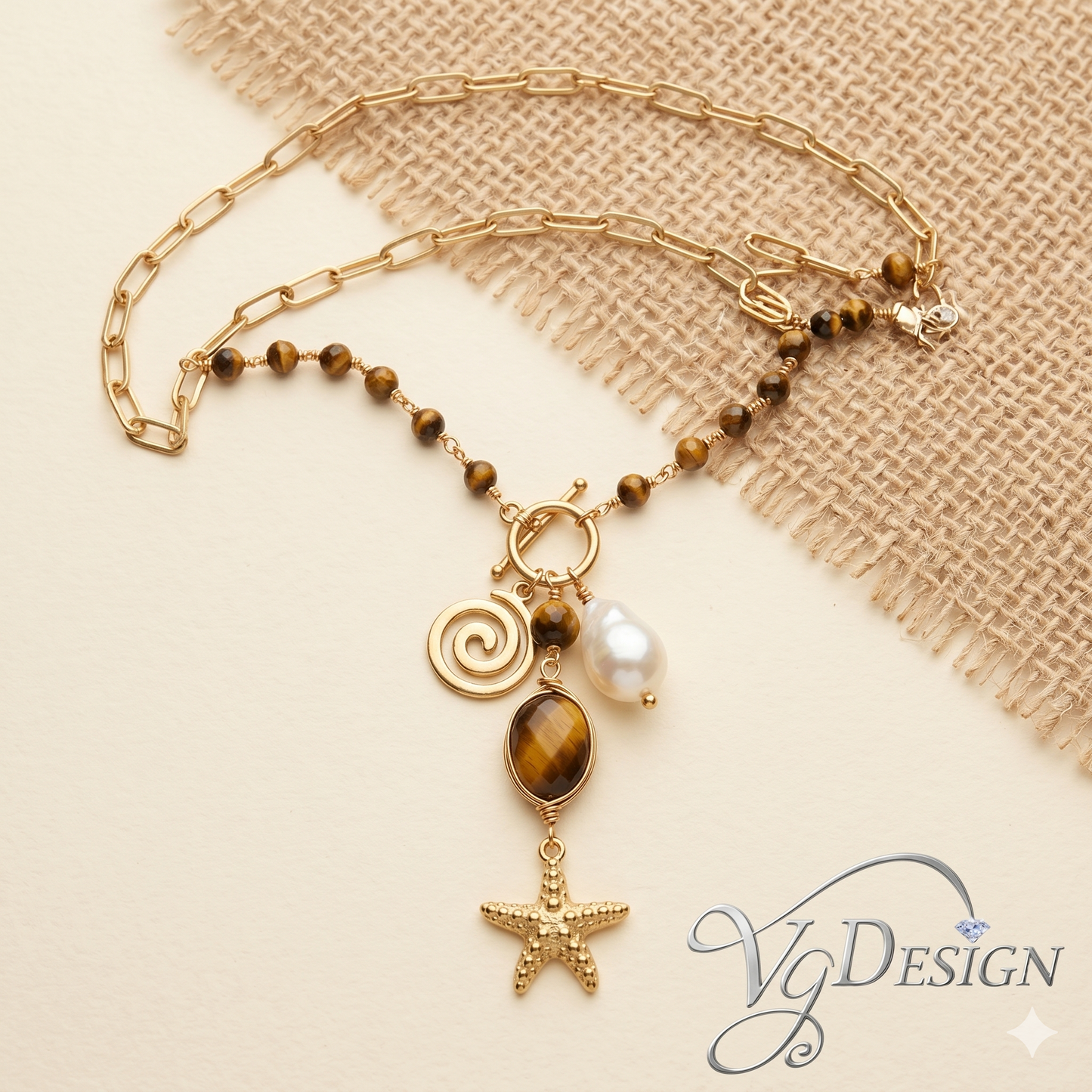 Coastal Tiger Eye Pearl Starfish Necklace