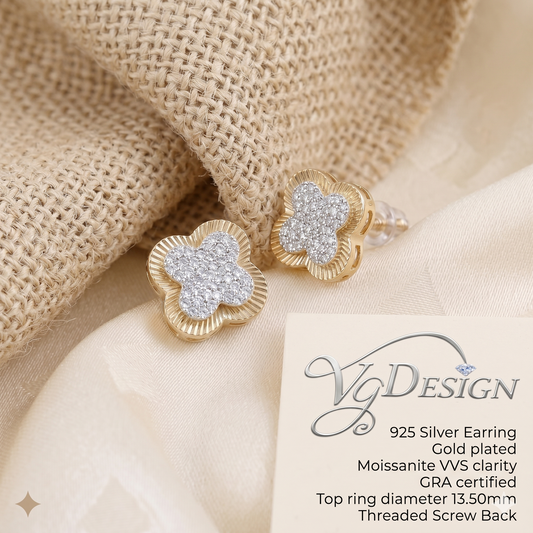 Clover Halo Moissanite Stud Earrings – Gold Tone
