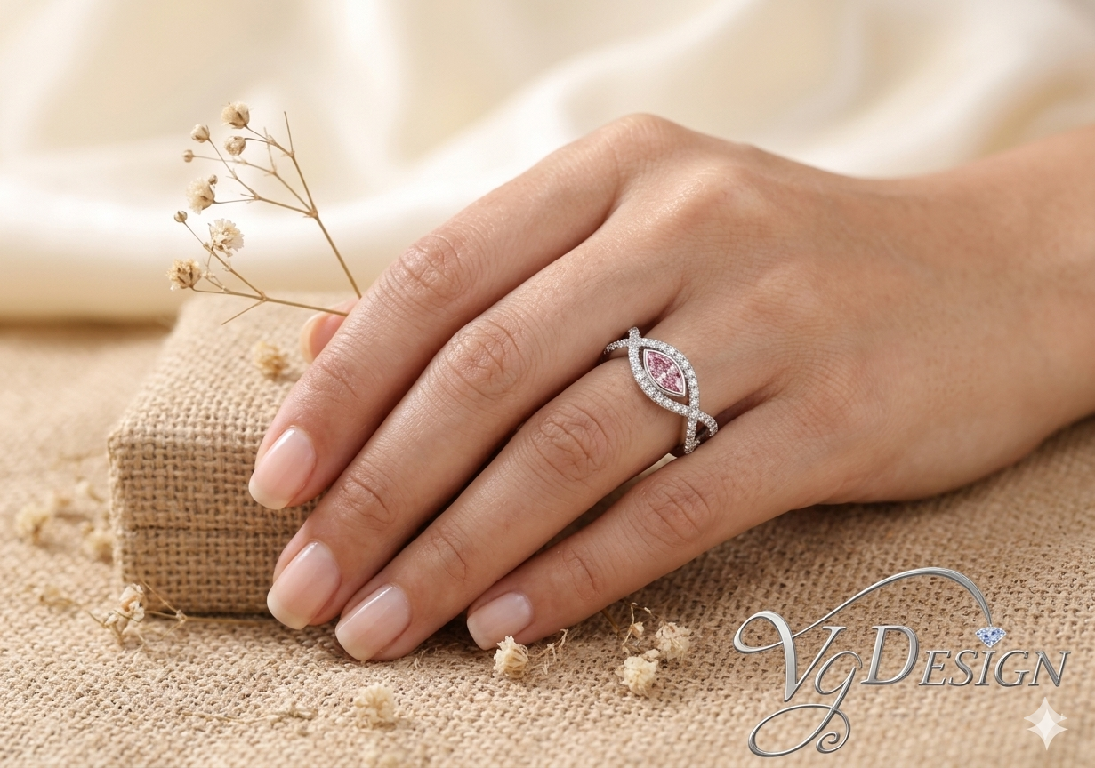 Pink Marquise Moissanite Halo Ring – White Gold Tone