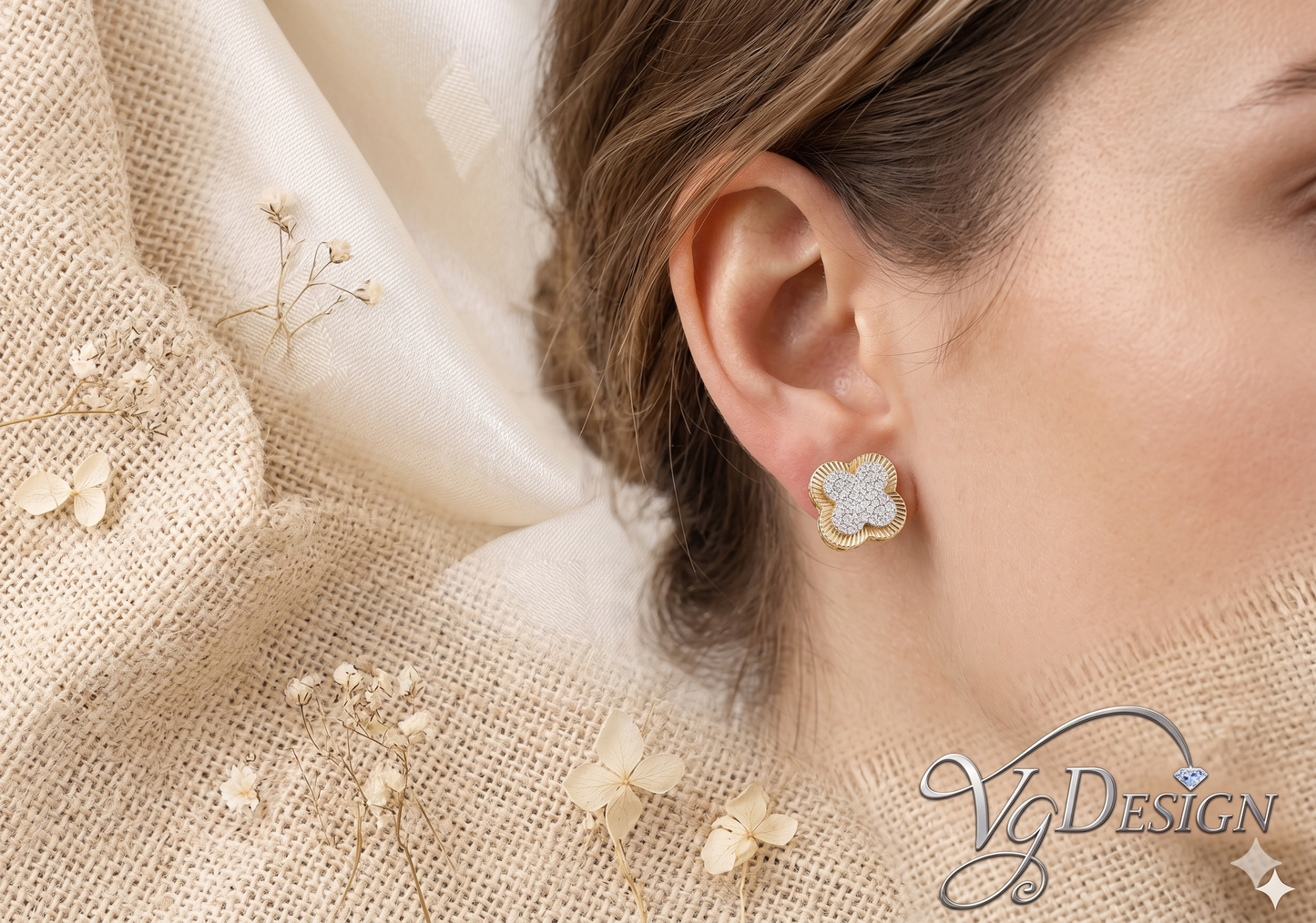 Clover Halo Moissanite Stud Earrings – Gold Tone