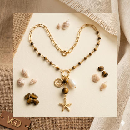 Coastal Tiger Eye Pearl Starfish Necklace