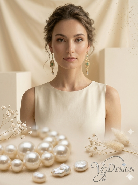 Green Stone & Pearl Drop Earrings