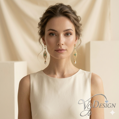 Green Stone & Pearl Drop Earrings