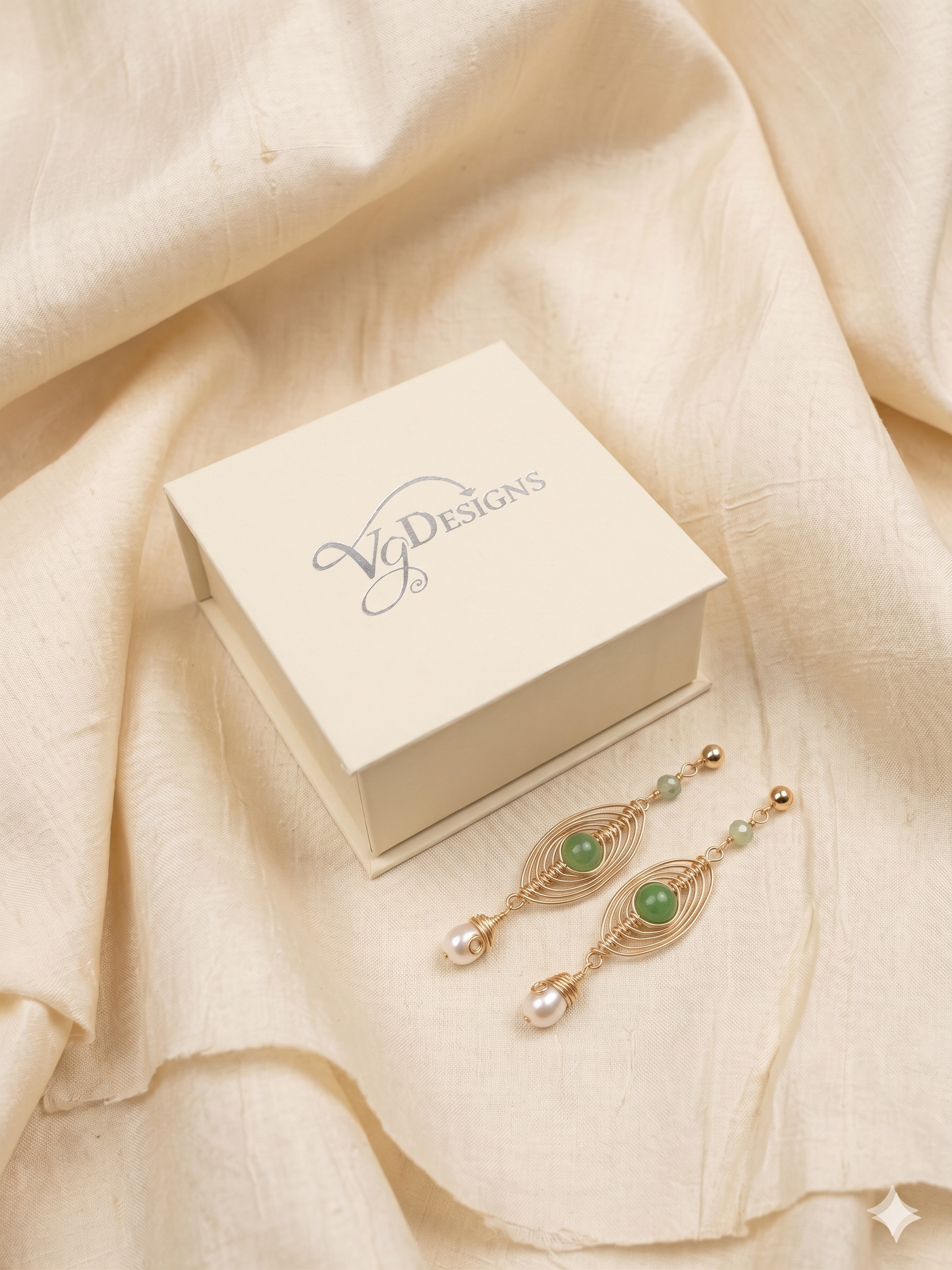 Green Stone & Pearl Drop Earrings