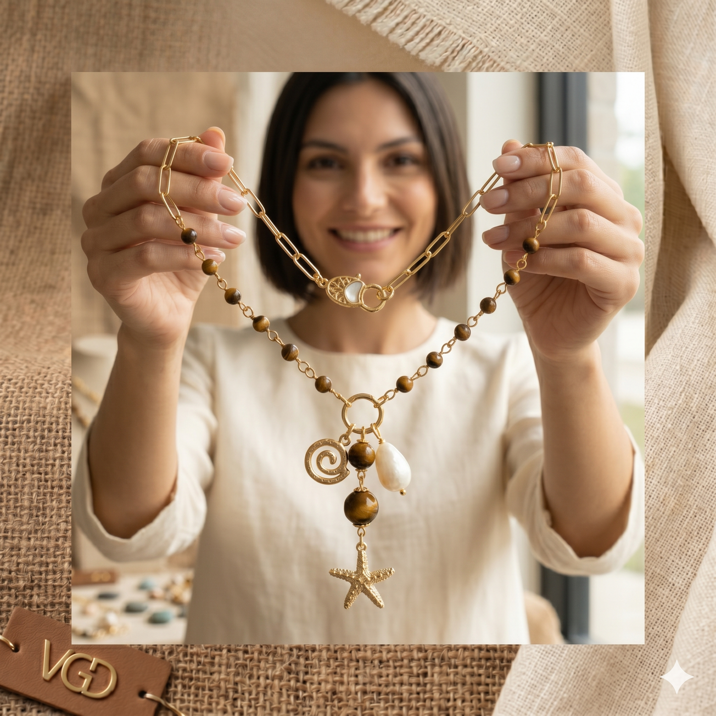 Coastal Tiger Eye Pearl Starfish Necklace