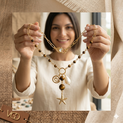 Coastal Tiger Eye Pearl Starfish Necklace